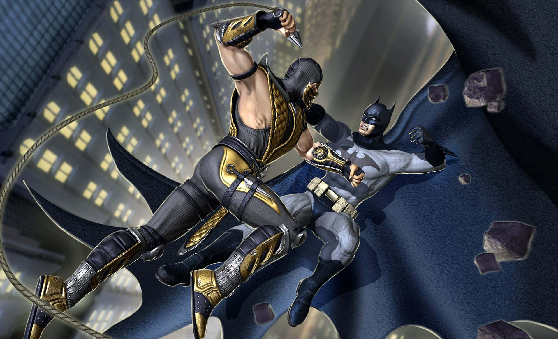 Mortal Kombat Vs Dc Universe 桌布 壁紙 — 蝙蝠俠和蠍子在空中激烈碰撞，展開一場動感十足的都市戰鬥，碎片飛揚，背後的城市燈光閃爍。
