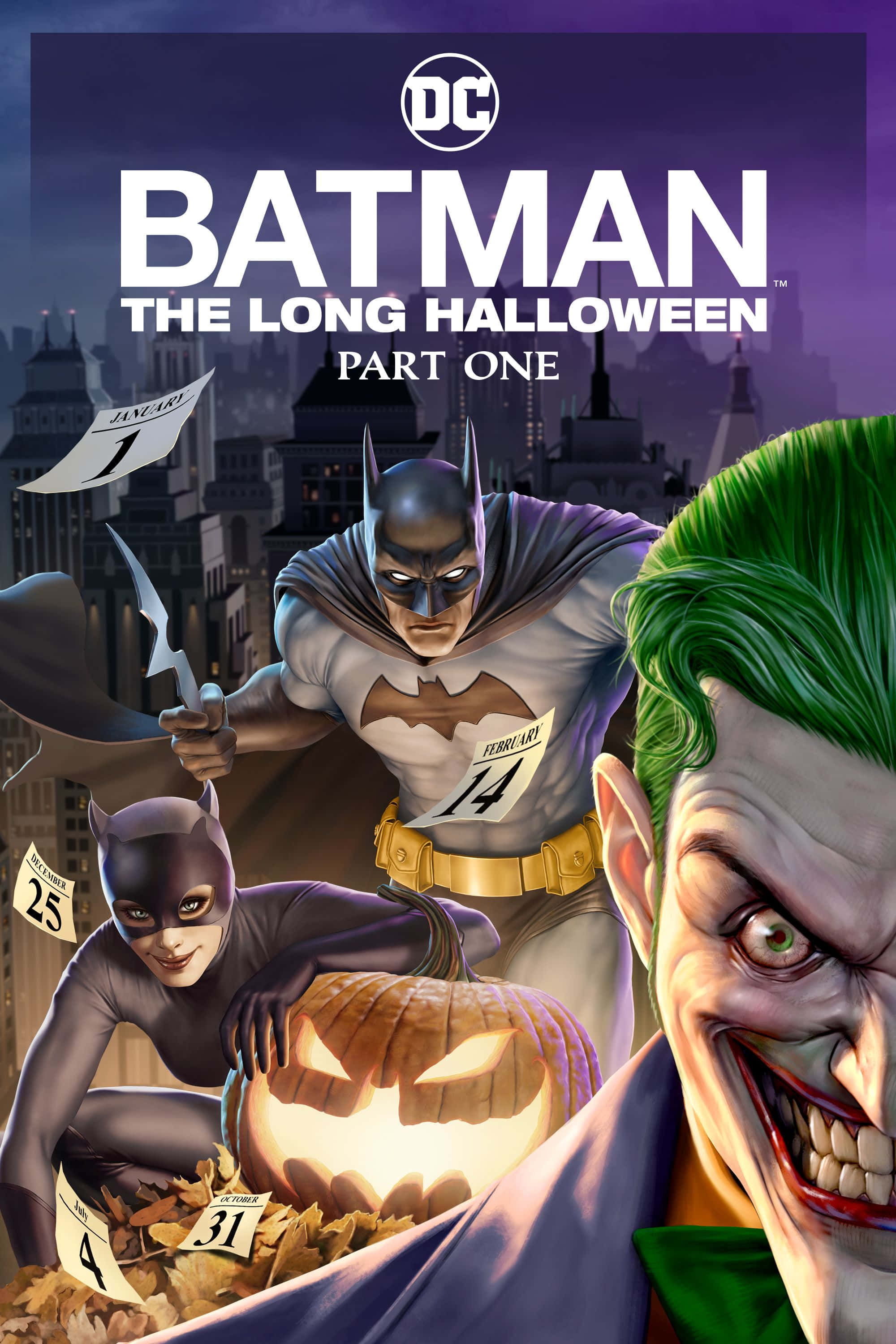 Batman The Long Halloween 桌布 壁紙 — 蝙蝠俠和貓女在萬聖節主題的高譚市天際線中與小丑對峙，背景有一個發光的傑克南瓜燈。