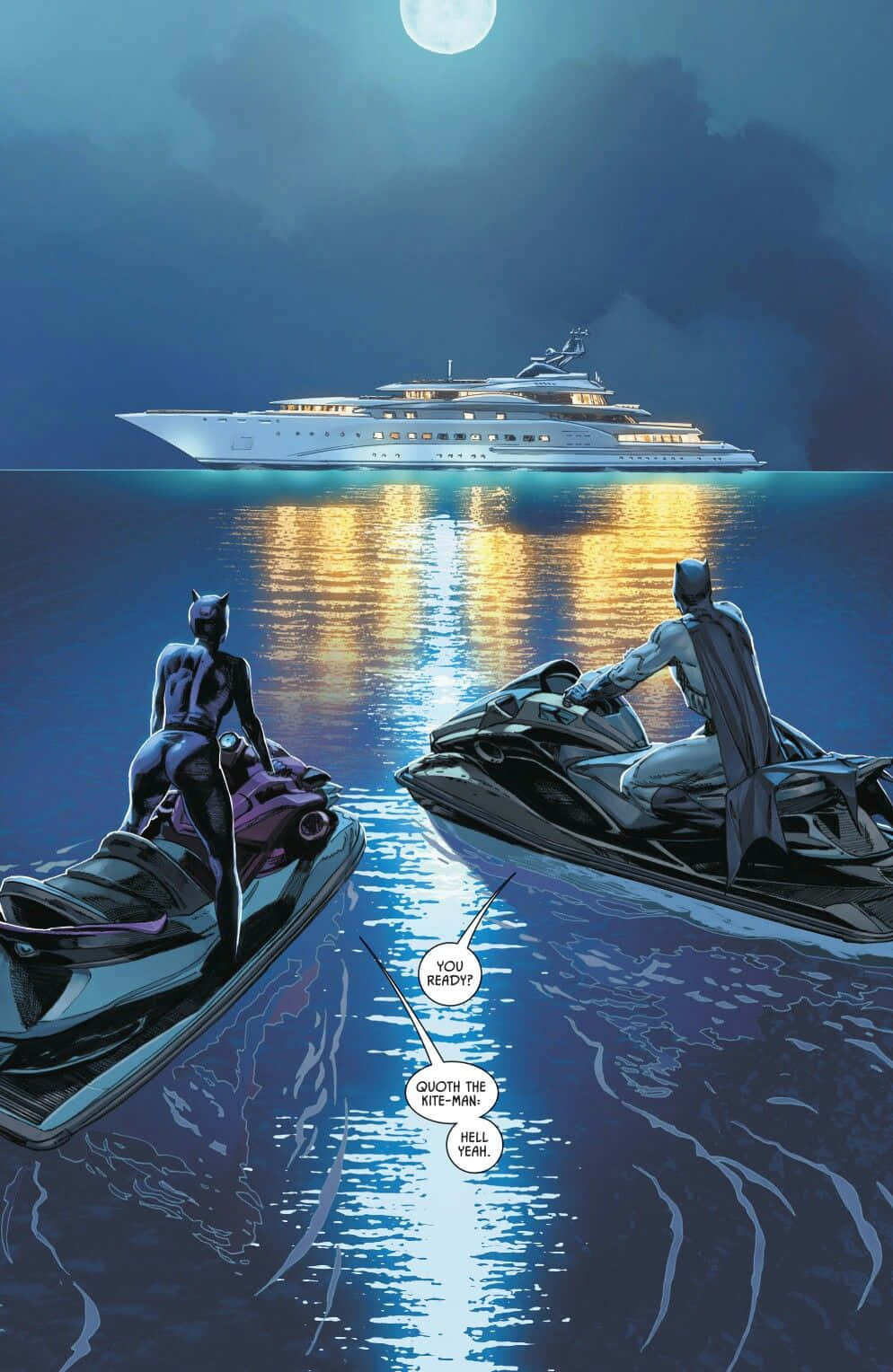 Batman Reborn 桌布 壁紙 — 蝙蝠俠和貓女在黑暗的水面上，滿月下駕駛水上電單車駛向一艘閃閃發光的豪華遊艇。