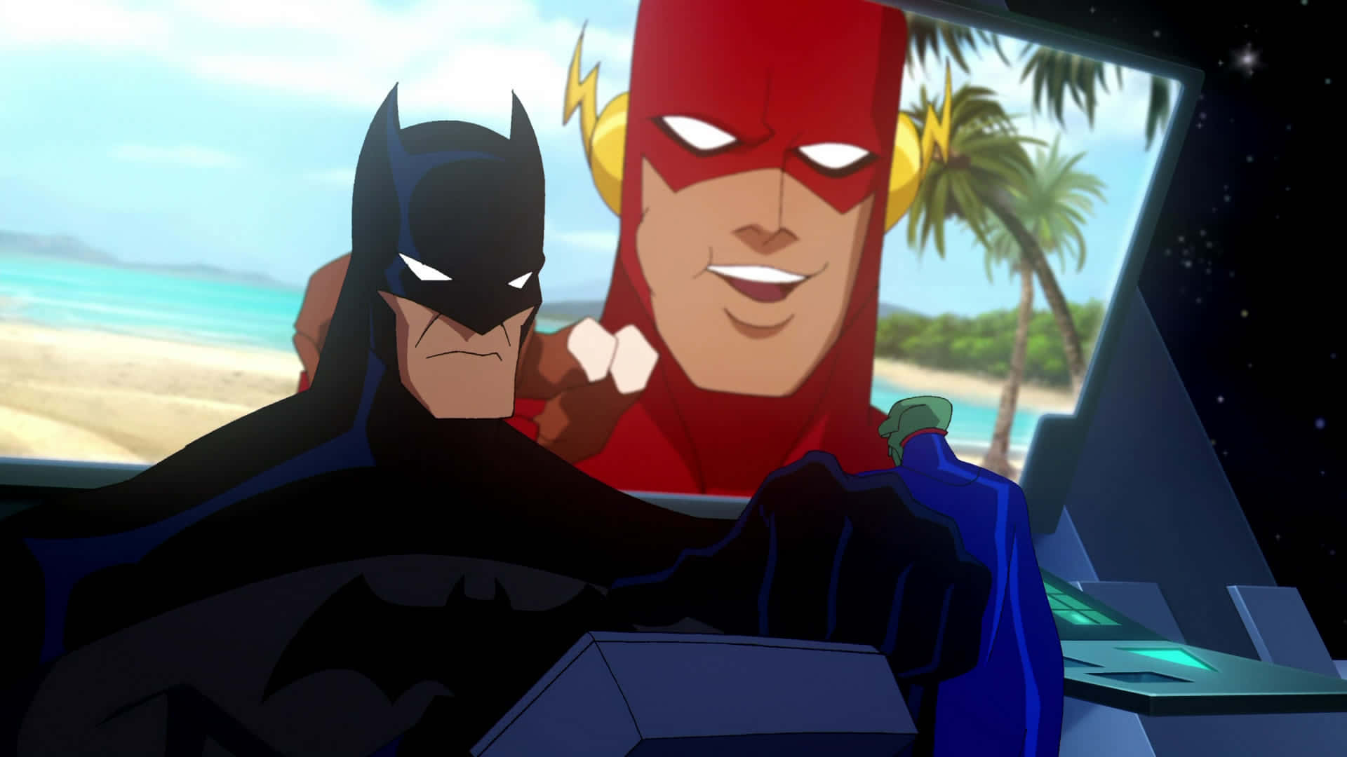 Justice League Crisis On Two Earths 桌布 壁紙 — 蝙蝠俠和閃電俠並排坐在太空船駕駛艙內，俯瞰著一個有棕櫚樹和碧綠海水的熱帶海灘。