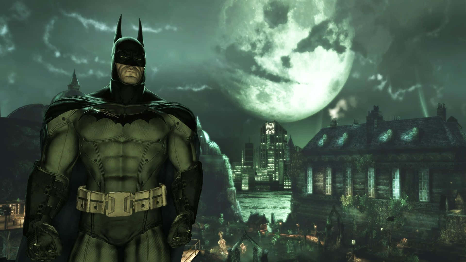 Arkham Asylum 桌布 壁紙 — 蝙蝠俠喺一個巨大發光月亮下嘅黑暗哥德式城市中堅定站立，月亮散發出詭異嘅綠色光芒。