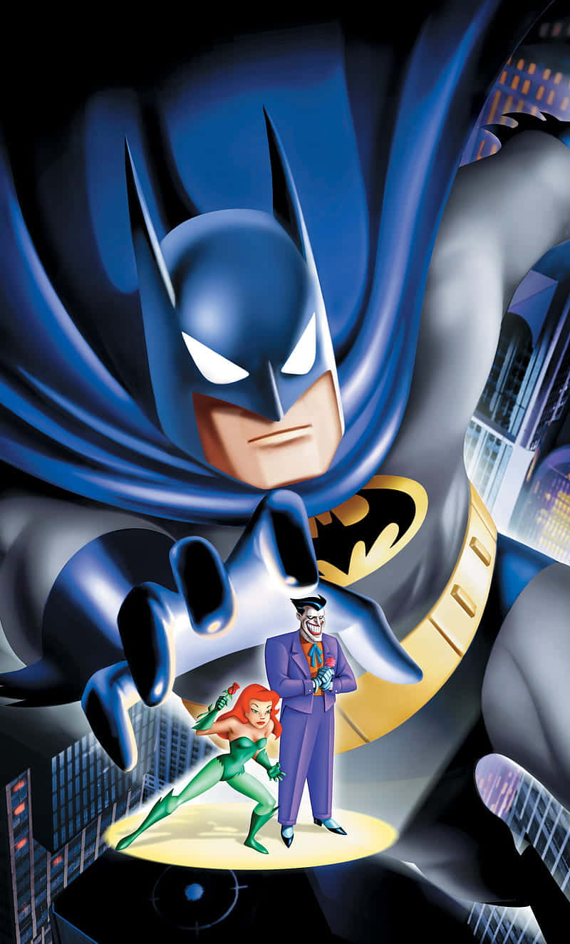 Batman Animated Adventures 桌布 壁紙 — 蝙蝠俠喺城市景觀上空俯瞰，小丑同毒藤女企喺下面，構成一個戲劇性嘅動畫場景。