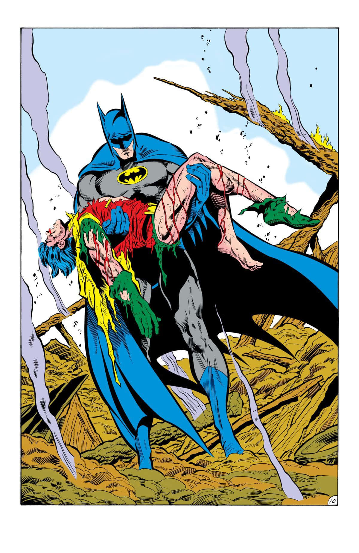 Batman Death In The Family 桌布 壁紙 — 蝙蝠俠喺晴朗天空下，穿過岩石密佈、煙霧瀰漫嘅地形，抱住受傷嘅羅賓。