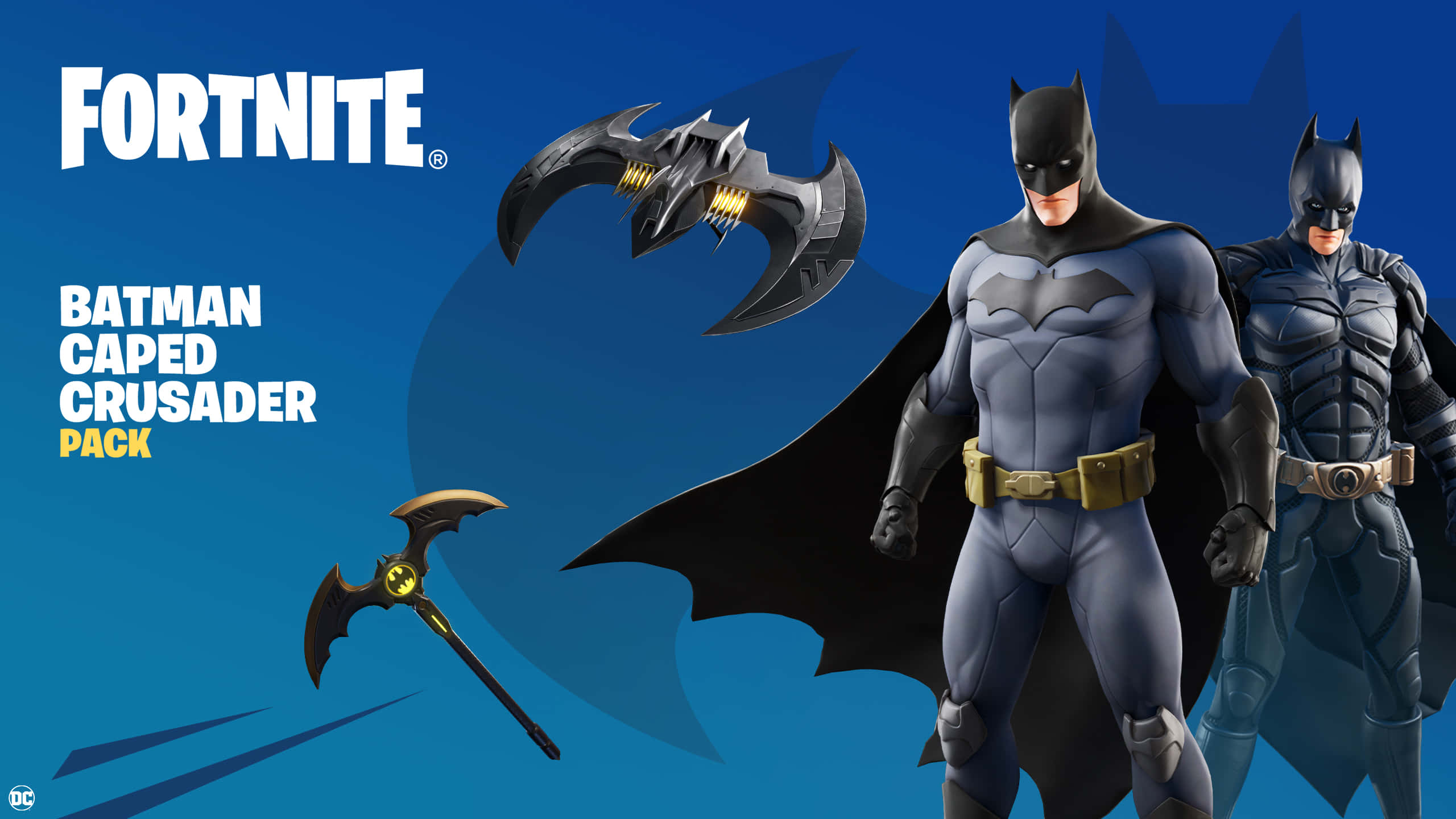The Caped Crusader 桌布 壁紙 — 蝙蝠俠在《Fortnite》的蝙蝠俠披風鬥士包中，以標誌性的披風和蝙蝠主題武器，英勇地站在大膽的藍色背景前。
