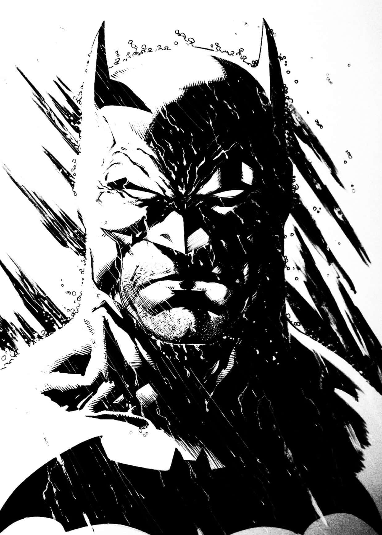 Batman Black And White 桌布 壁紙 — 蝙蝠俠在 gritty 黑白漫畫風格中的強烈面孔，帶有雨痕和粗線條。