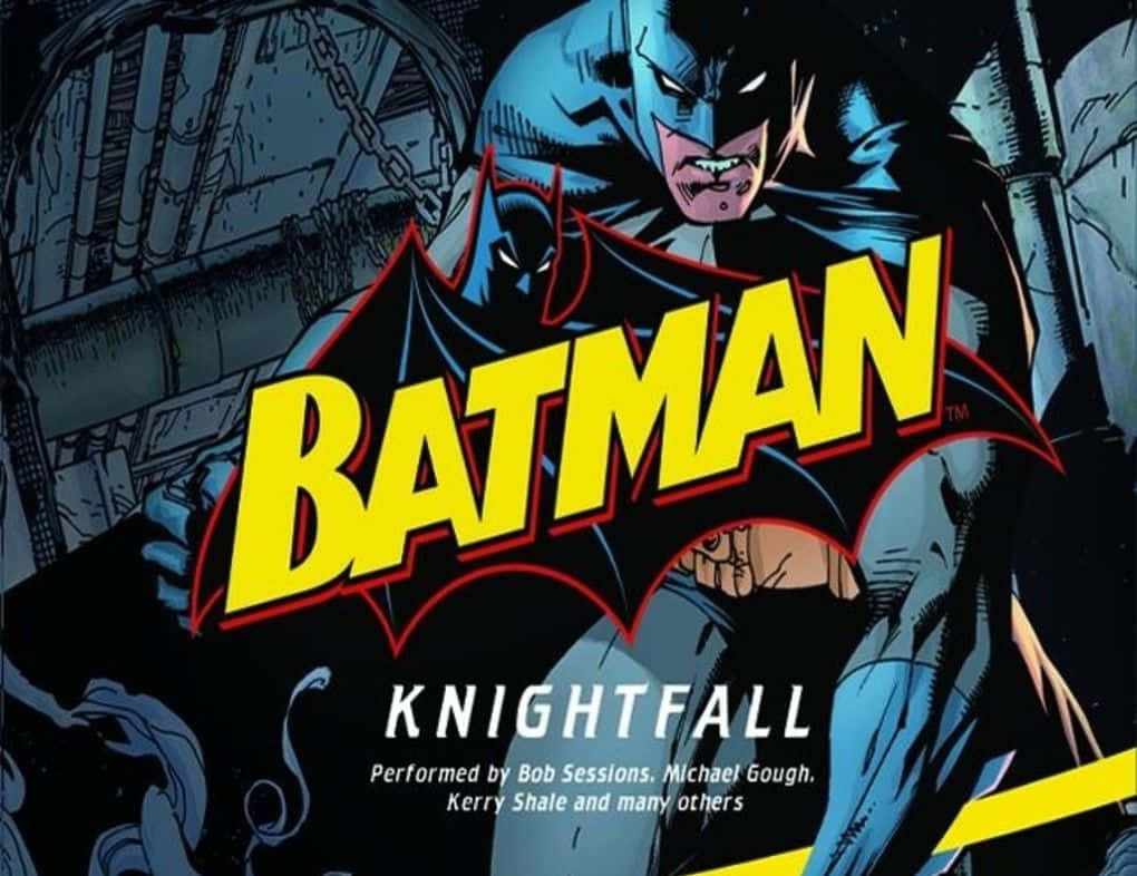 Batman Knightfall 桌布 壁紙 — 蝙蝠俠在《騎士隕落》的粗獷漫畫書封面上以威脅姿態出現，帶有粗體黃色標題和深藍色服裝。