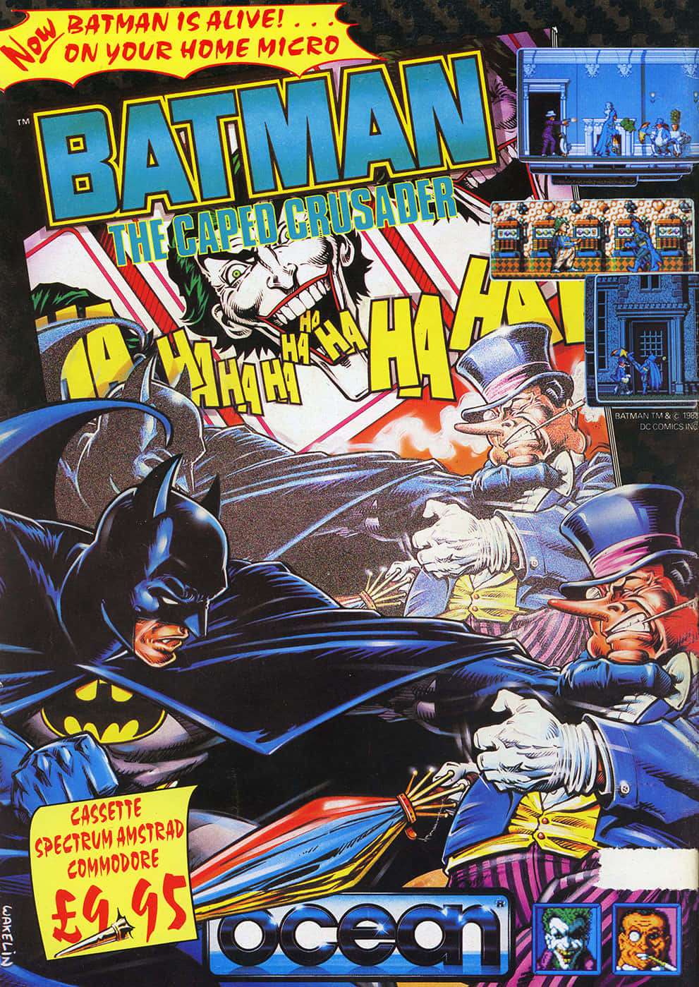 The Caped Crusader 桌布 壁紙 — 蝙蝠俠在1988年家用電腦遊戲的動態漫畫書封面中與小丑和企鵝人戰鬥。