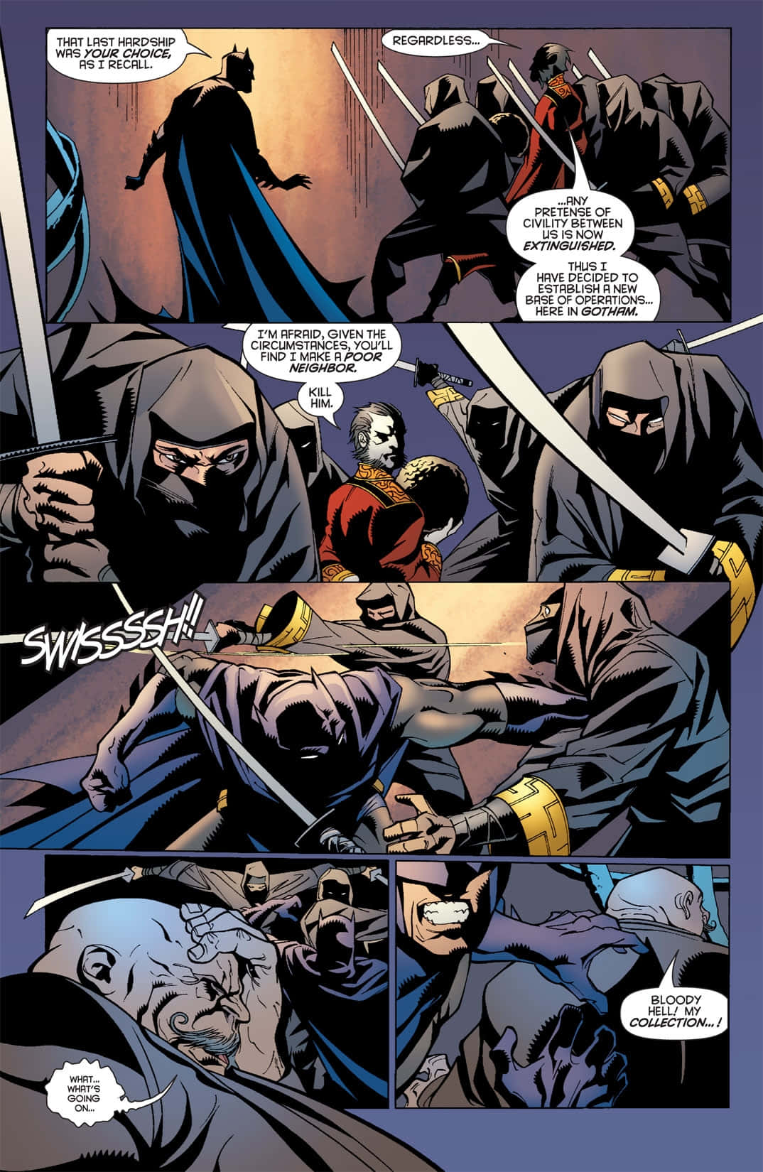 The League Of Assassins 桌布 壁紙 — 蝙蝠俠在一個 gritty 的漫畫面板中與蒙面劍客戰鬥，具有戲劇性的燈光和激烈的動作。