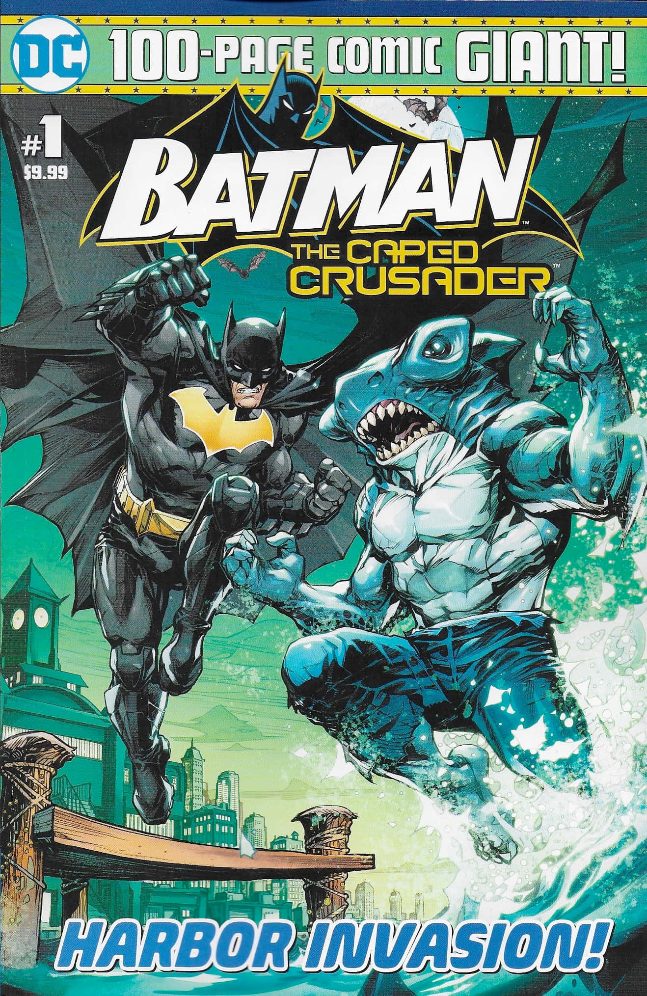 The Caped Crusader 桌布 壁紙 — 蝙蝠俠在一個動態的漫畫書封面上與一個怪獸般的鯊魚反派戰鬥，背景是城市港口。