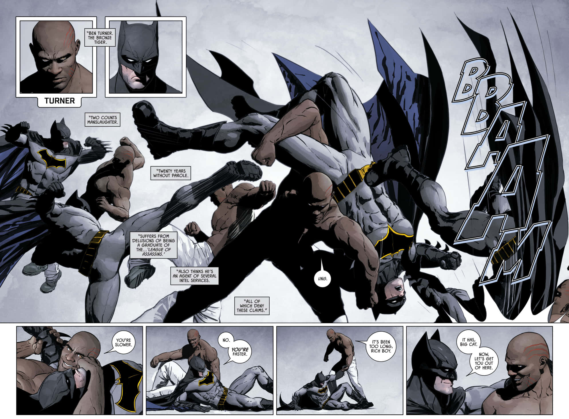 The League Of Assassins 桌布 壁紙 — 蝙蝠俠在一個動態的漫畫格中與多個敵人戰鬥，線條大膽，動作戲劇化。