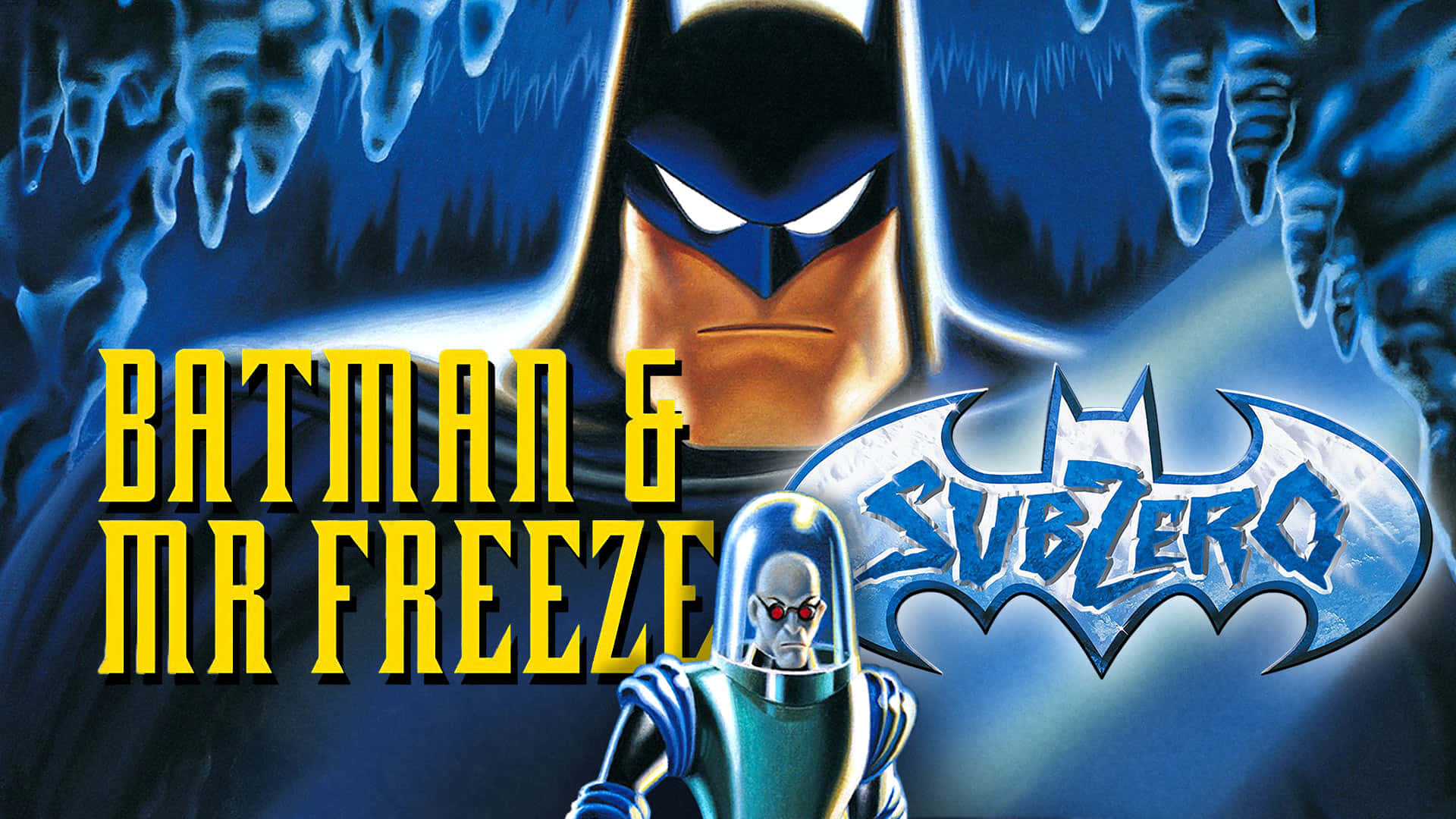 Mr Freeze 桌布 壁紙 — 蝙蝠俠在一個帶有發光藍色亮點和粗體黃色文字的冰冷洞穴中與急凍人對峙。