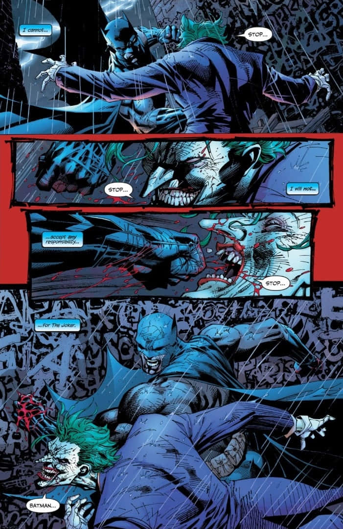 Batman Hush 桌布 壁紙 — 蝙蝠俠在一個被雨水浸透、塗鴉覆蓋的小巷中與小丑搏鬥，這是一段暴力漫畫書面板序列。
