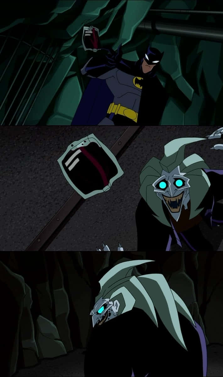 The Batman Vs Dracula 桌布 壁紙 — 蝙蝠俠在一個黑暗、岩石密佈、有金屬管道的地下巢穴中與一個眼睛發光的反派對峙。