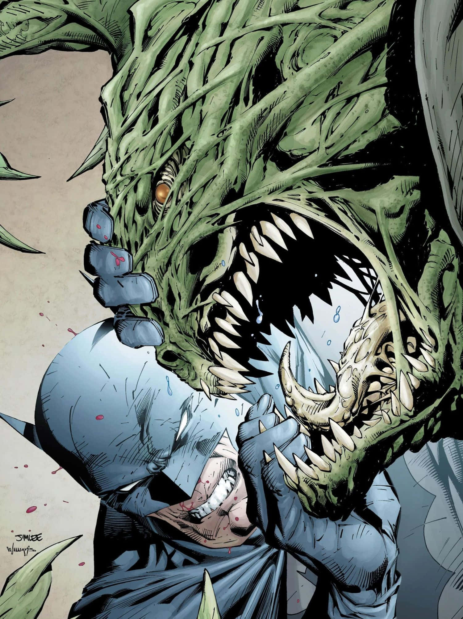 Killer Croc 桌布 壁紙 — 蝙蝠俠在一個黑暗的漫畫面板中被一個有尖牙和利爪的怪物綠色藤蔓狀生物殘忍攻擊。