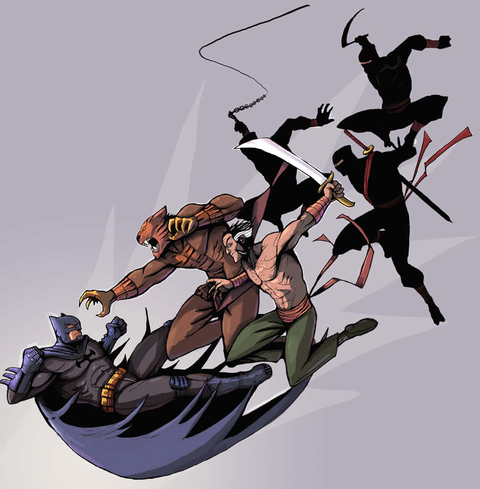 The League Of Assassins 桌布 壁紙 — 蝙蝠俠在動態漫畫動作場景中與多名忍者和一隻野性黑豹戰鬥。