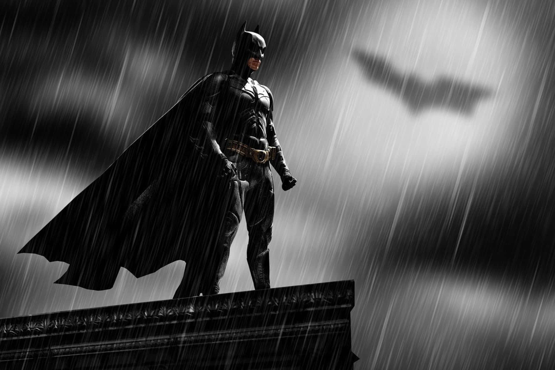 Bat Signal 桌布 壁紙 — 蝙蝠俠在單色雨中站在屋頂上形成剪影，身後有蝙蝠標誌發光。