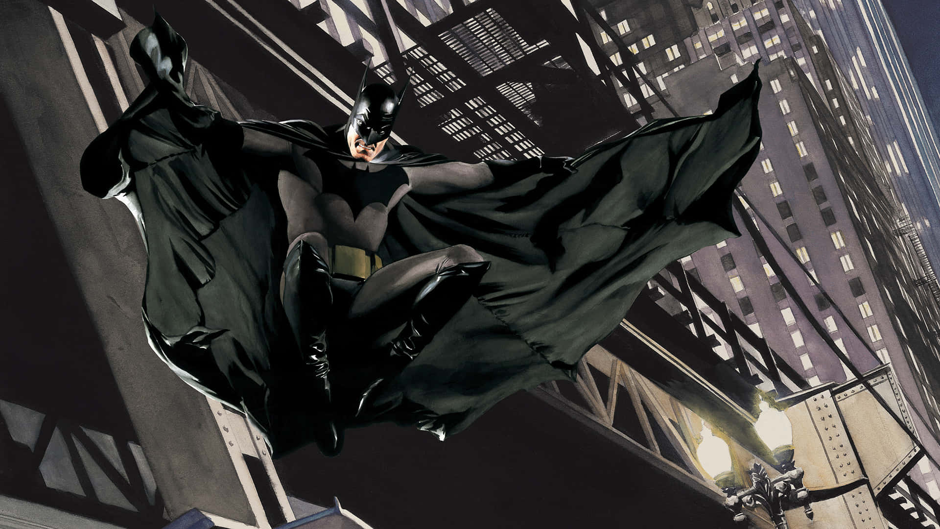 Bruce Wayne 桌布 壁紙 — 蝙蝠俠在夜間飛越黑暗的城市景觀，斗篷飄揚，摩天大樓在他身後聳立。