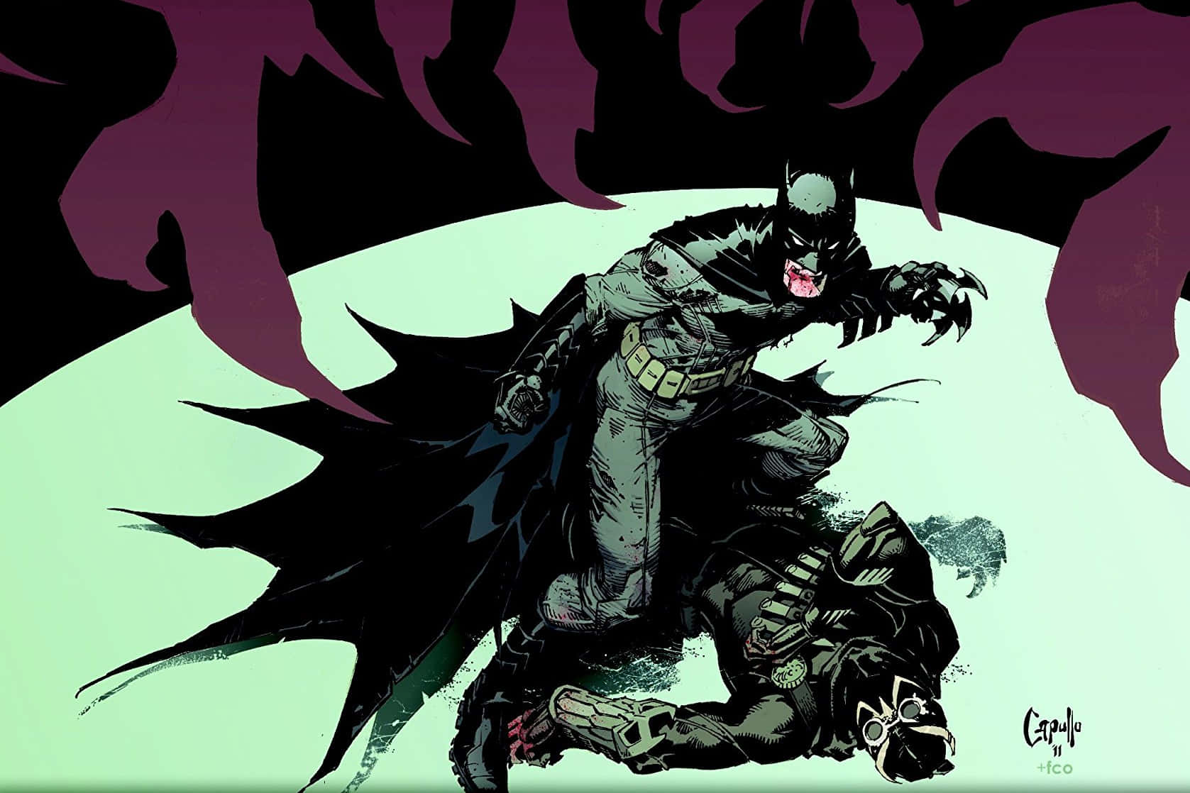 The Court Of Owls 桌布 壁紙 — 蝙蝠俠在戲劇性的漫畫插圖中，以深紫色和藍綠色點綴，戰勝倒下的敵人。