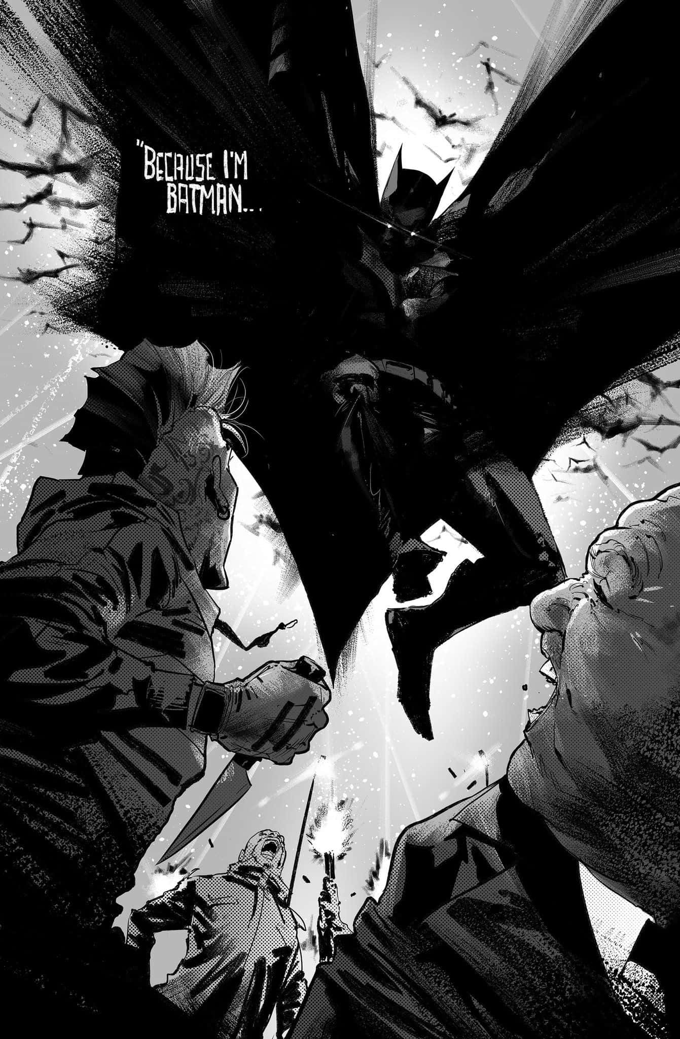 Batman Black And White 桌布 壁紙 — 蝙蝠俠在戲劇性的黑白漫畫面板中降下，蝙蝠在他周圍蜂擁，面對下方的武裝敵人。