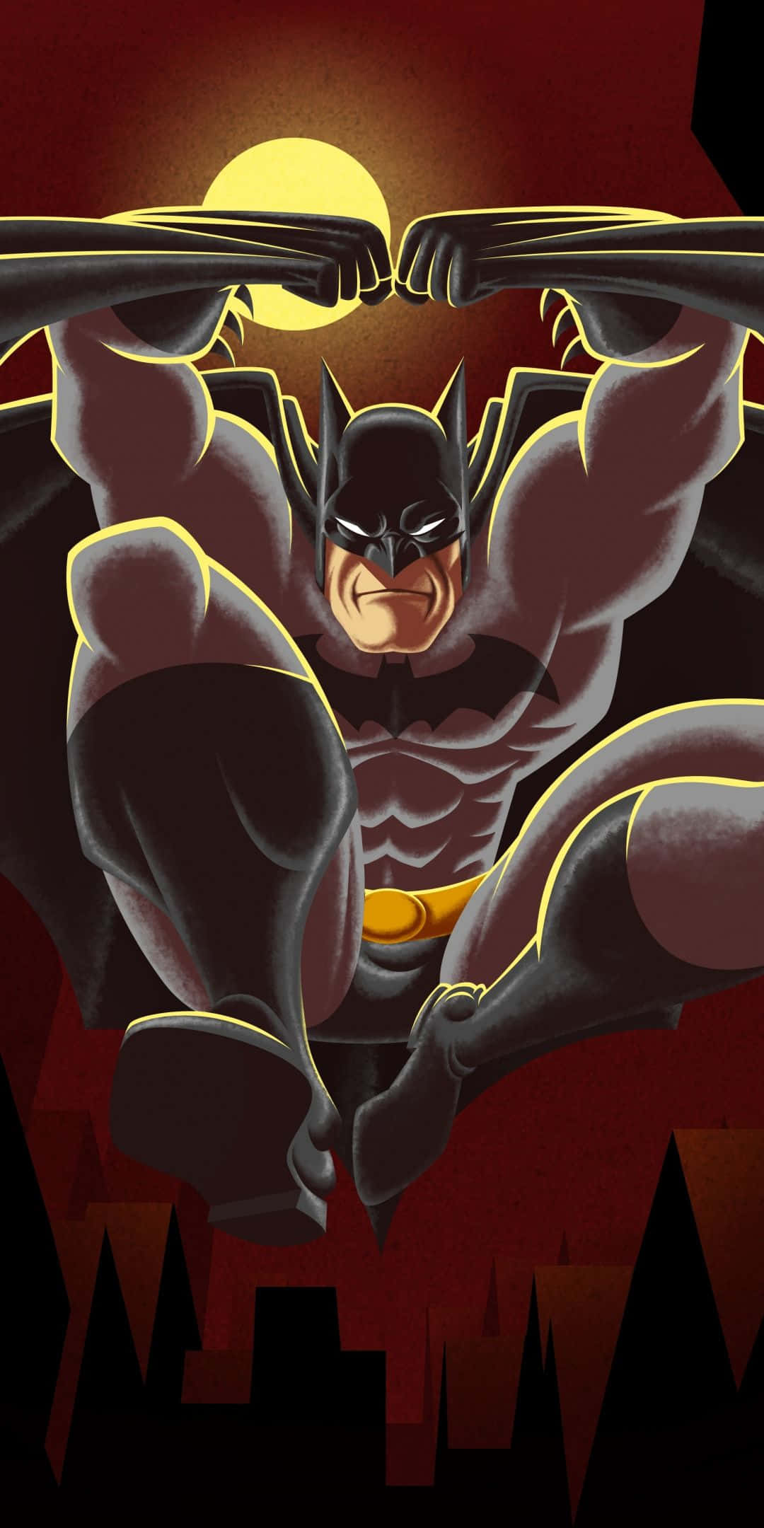 Batman Knightfall 桌布 壁紙 — 蝙蝠俠在暗紅色的天空中翱翔，身後有一輪發光的黃色月亮，背景是鋸齒狀的城市天際線。