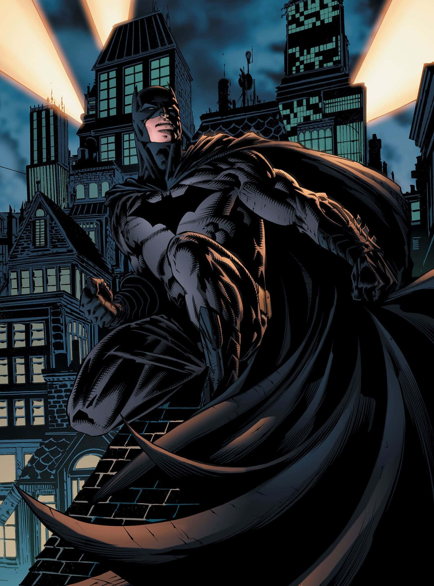 Batman The New 52 桌布 壁紙 — 蝙蝠俠在暮色城市景觀中，站在屋頂上，帶有戲劇性的燈光和詳細的建築。