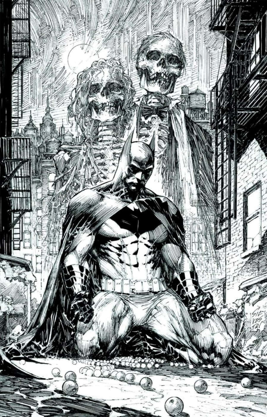 Black And White Comic 桌布 壁紙 — 蝙蝠俠在月光下跪在一個骯髒的城市小巷中，兩旁是高聳的骷髏身影。