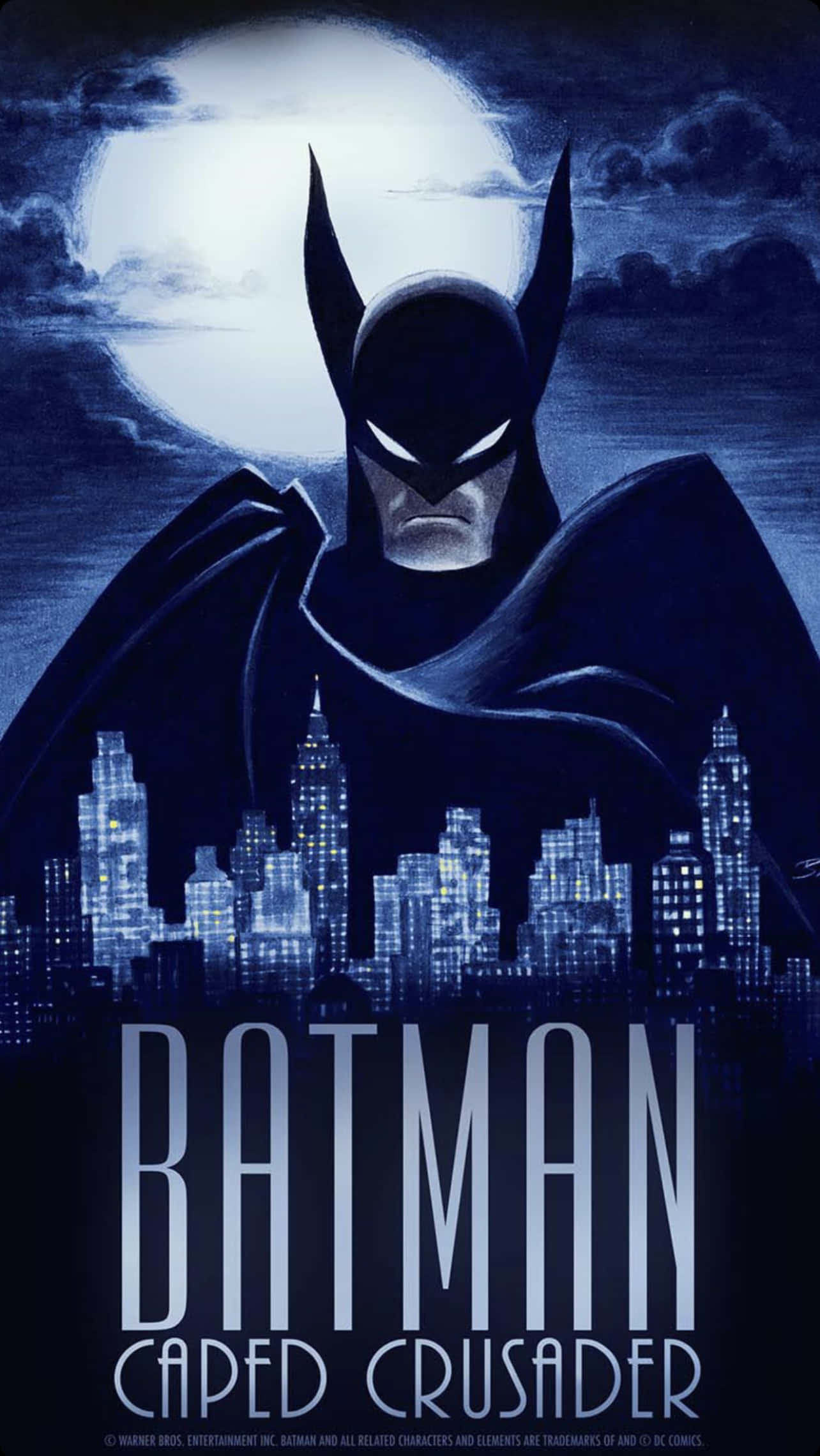 The Caped Crusader 桌布 壁紙 — 蝙蝠俠在滿月下以剪影姿態站立，背景是發光的高譚市天際線，構成戲劇性的夜景。