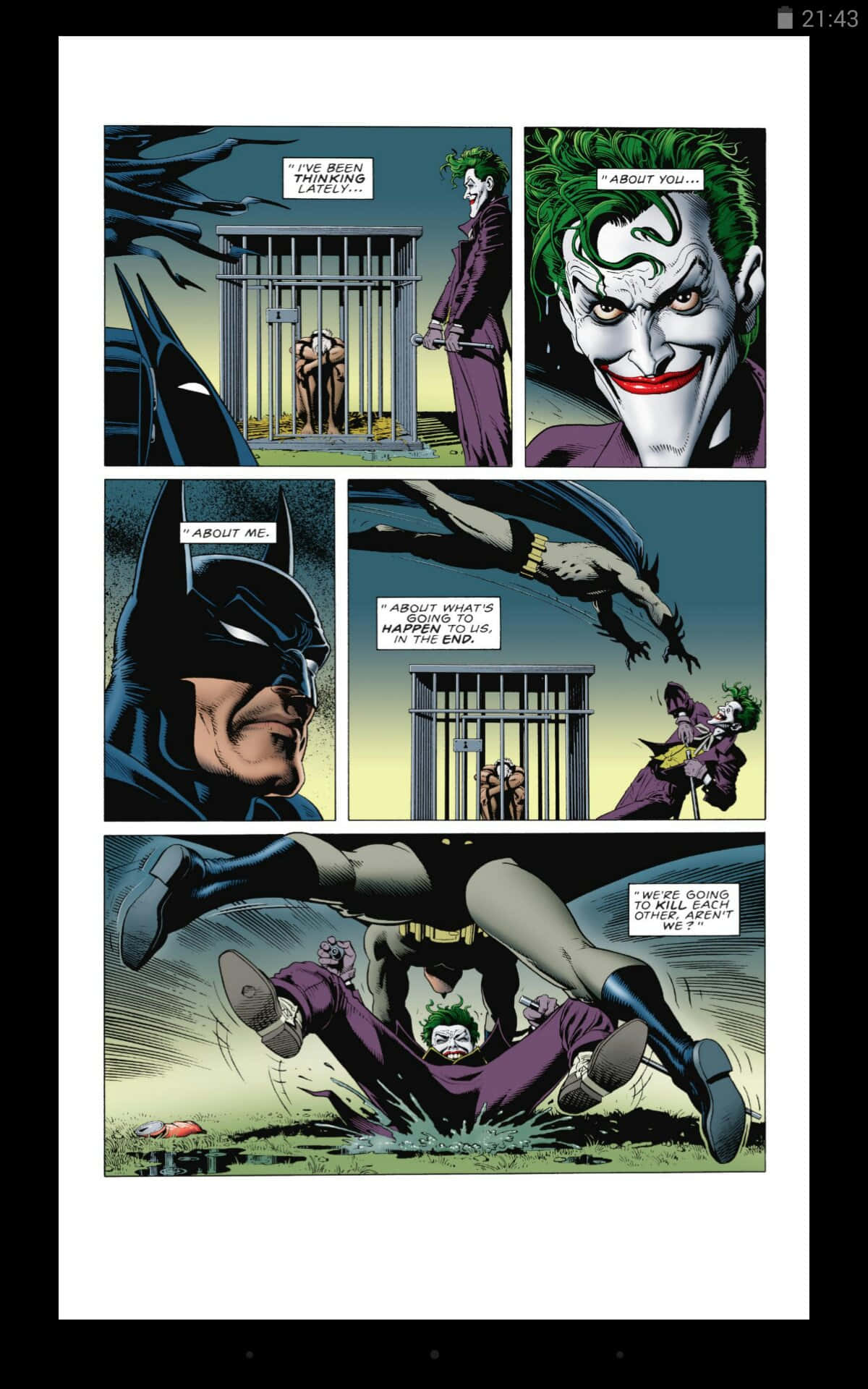 Batman The Killing Joke 桌布 壁紙 — 蝙蝠俠在漫畫書面板序列中與小丑對峙，展示他們激烈的對話和暴力的制服。