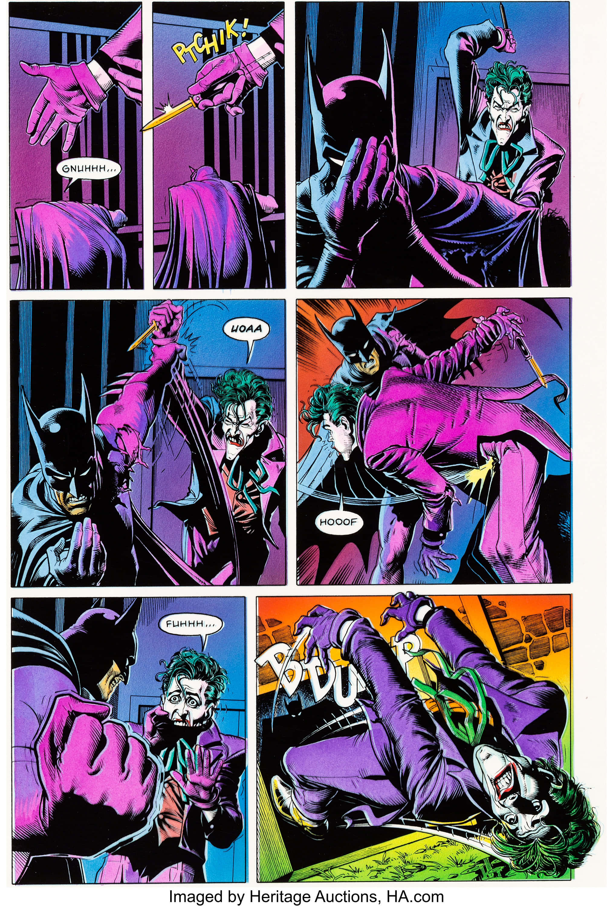 The Killing Joke 桌布 壁紙 — 蝙蝠俠在漫畫書面板序列中與小丑戰鬥，帶有鮮豔的紫色和藍色色調以及動態的動作姿勢。