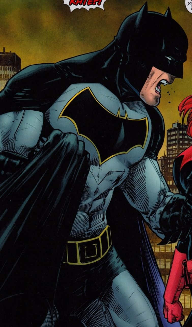 Batman Reborn 桌布 壁紙 — 蝙蝠俠在漫畫格中咆哮，身後是城市景觀，旁邊有一個身穿紅色衣服的人物。