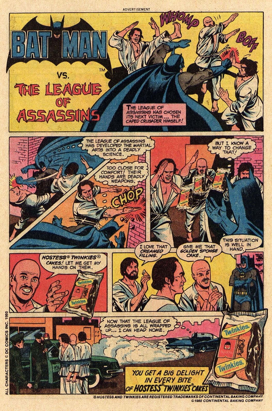 The League Of Assassins 桌布 壁紙 — 蝙蝠俠在漫畫格中與刺客聯盟戰鬥，底部有Hostess Twinkies廣告。