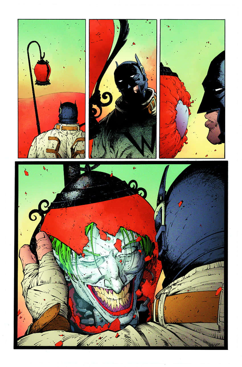 Batman Last Knight On Earth 桌布 壁紙 — 蝙蝠俠在漫畫格中與小丑對峙，帶有鮮明的紅、綠、黑色調和濺血效果。