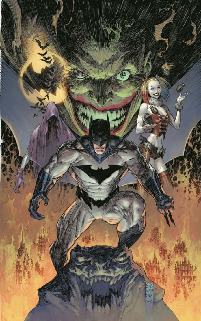 Batman Streets Of Gotham 桌布 壁紙 — 蝙蝠俠在烈火熊熊的高譚背景下，與哈莉·奎茵並肩，挑釁地站在一個怪異的綠色面孔前。