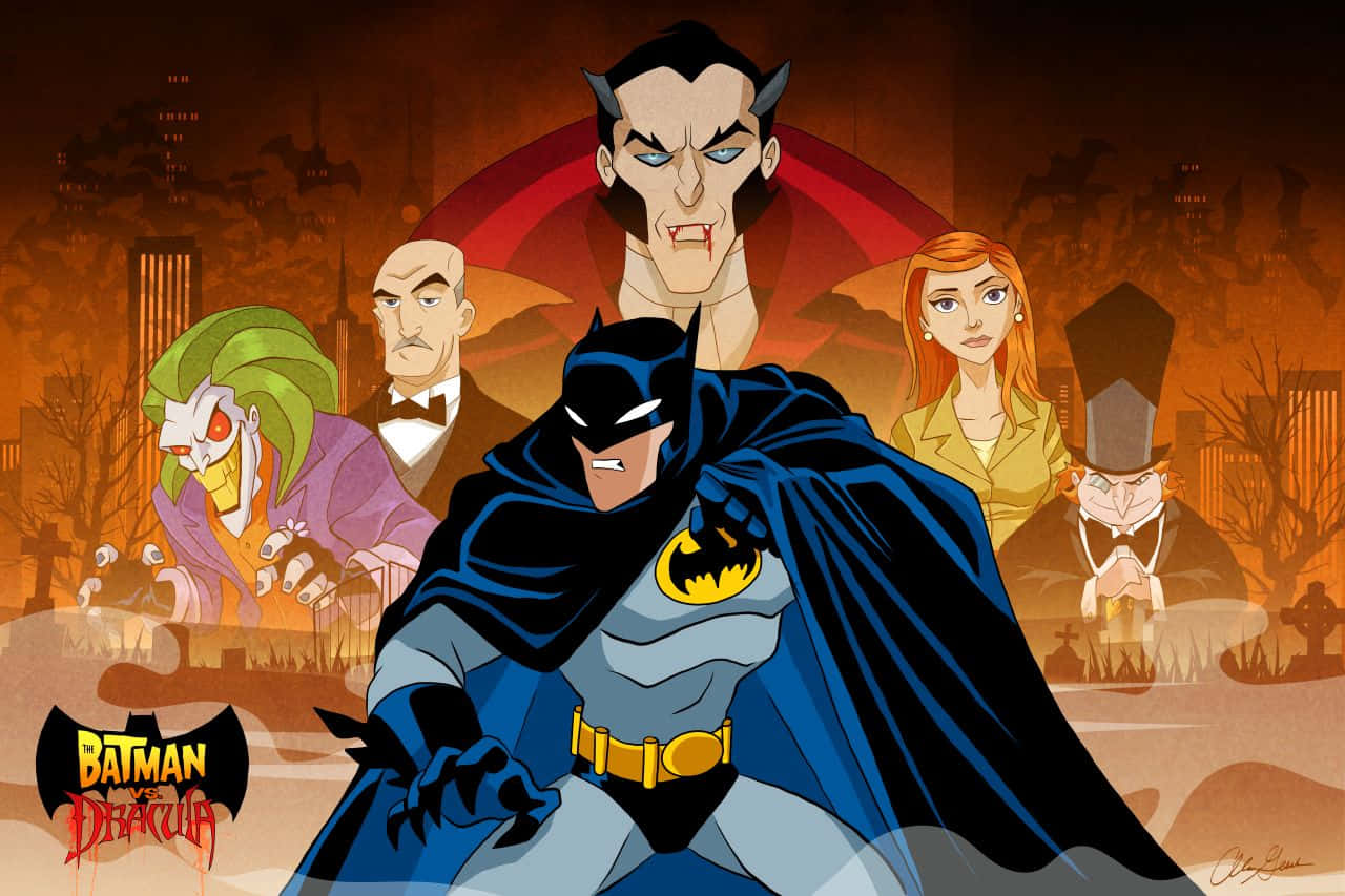 The Batman Vs Dracula 桌布 壁紙 — 蝙蝠俠在熾熱的橙色天空下，挑釁地站在威脅性的德古拉和他的高譚反派面前。