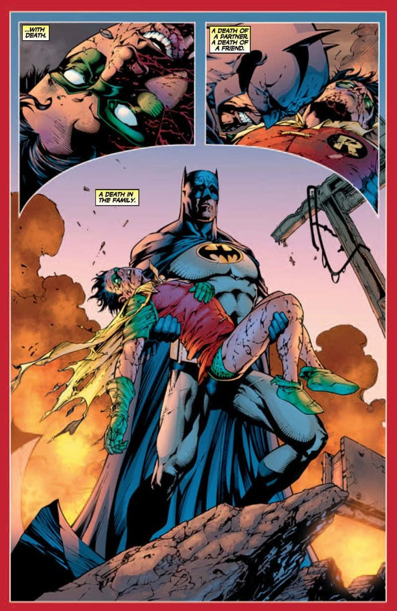 Batman Death In The Family 桌布 壁紙 — 蝙蝠俠在燃燒的瓦礫中抱著墮落的羅賓，這是一個戲劇性的漫畫面板，帶有詳細描述死亡的文字框。
