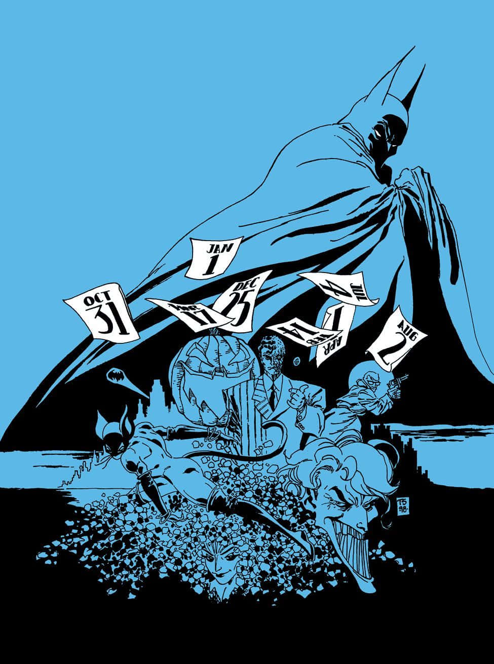 Batman The Long Halloween 桌布 壁紙 — 蝙蝠俠在純藍色背景上，籠罩著一個充滿反派和漂浮日期卡的混亂場景。