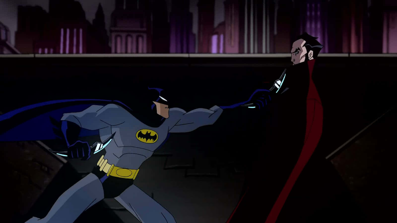 The Batman Vs Dracula 桌布 壁紙 — 蝙蝠俠在紫色城市燈光下，於黑暗的城市屋頂上與一名紅色斗篷反派發生衝突。