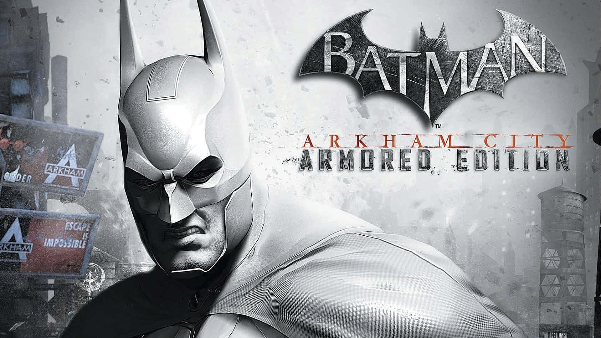 蝙蝠俠身穿裝甲服，在 gritty 的城市環境中，帶有 Arkham City 標誌。