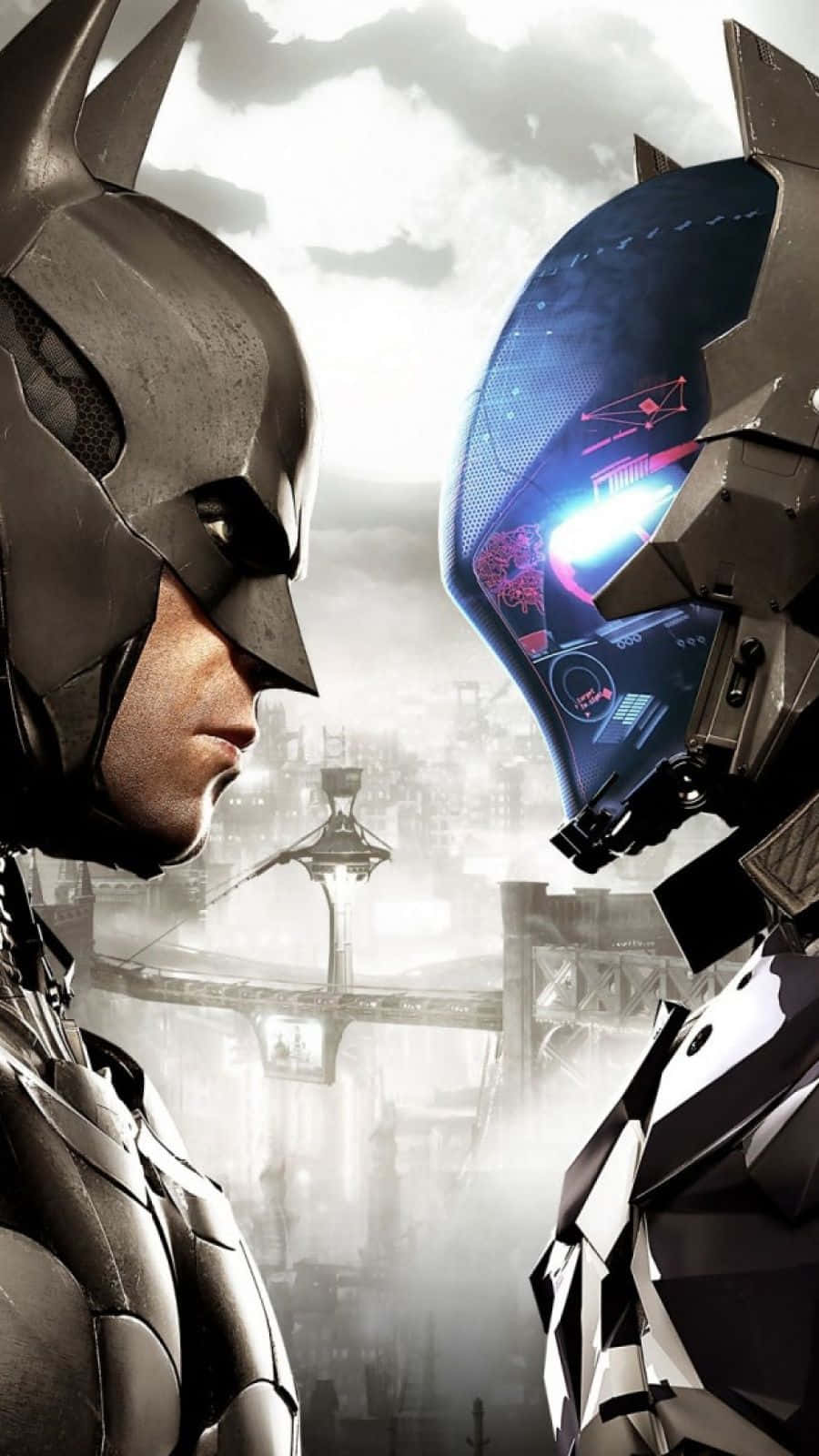 Batman Arkham Knight 桌布 壁紙 — 蝙蝠俠在陰天嘅高譚市，同一個高科技裝甲敵人喺濕漉漉嘅街頭對峙。