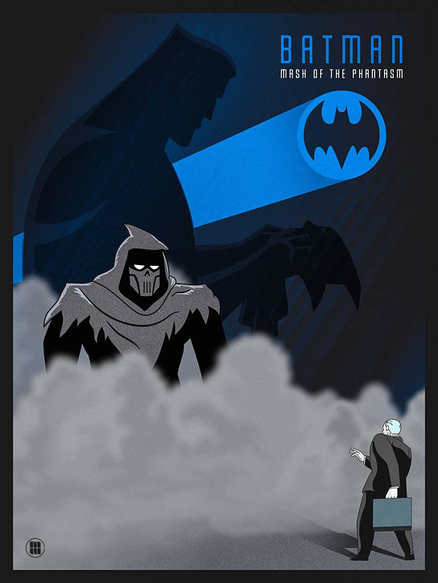 Batman Mask Of The Phantasm 桌布 壁紙 — 蝙蝠俠在陰影中隱現於一個幽靈般的身影背後，而一名穿西裝的男子正穿過迷霧雲層走遠。