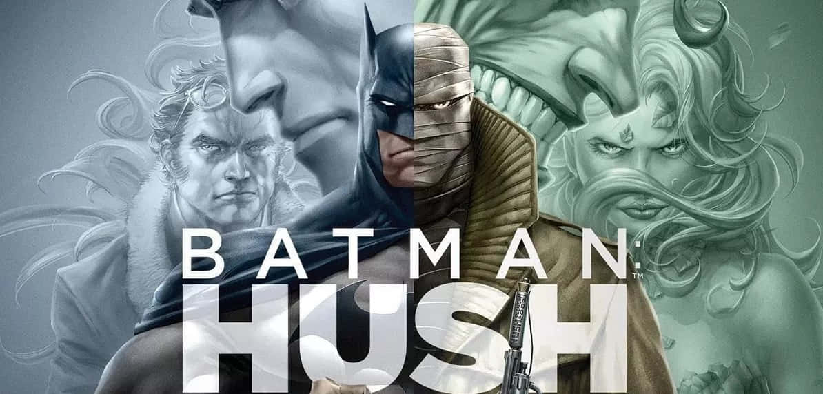 Hush 桌布 壁紙 — 蝙蝠俠在陰暗的盟友和敵人之間以粗獷的漫畫風格分裂面孔站立。