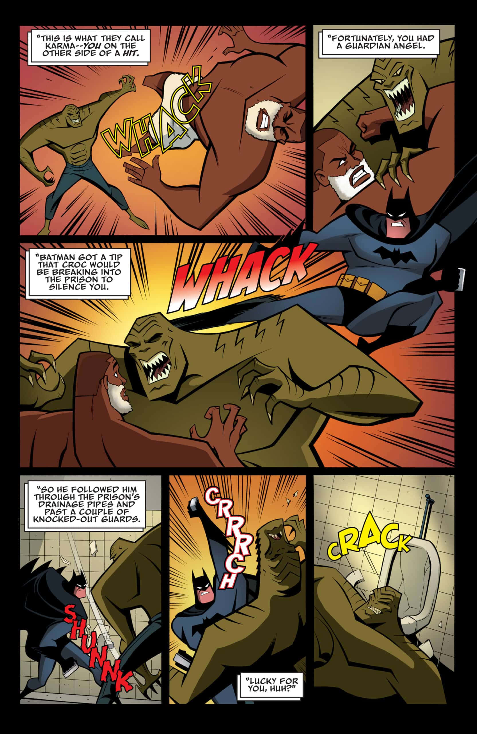 Batman Animated Adventures 桌布 壁紙 — 蝙蝠俠在陰暗的監獄浴室中與一隻巨大的鱷魚戰鬥，充滿動態漫畫動作和音效。