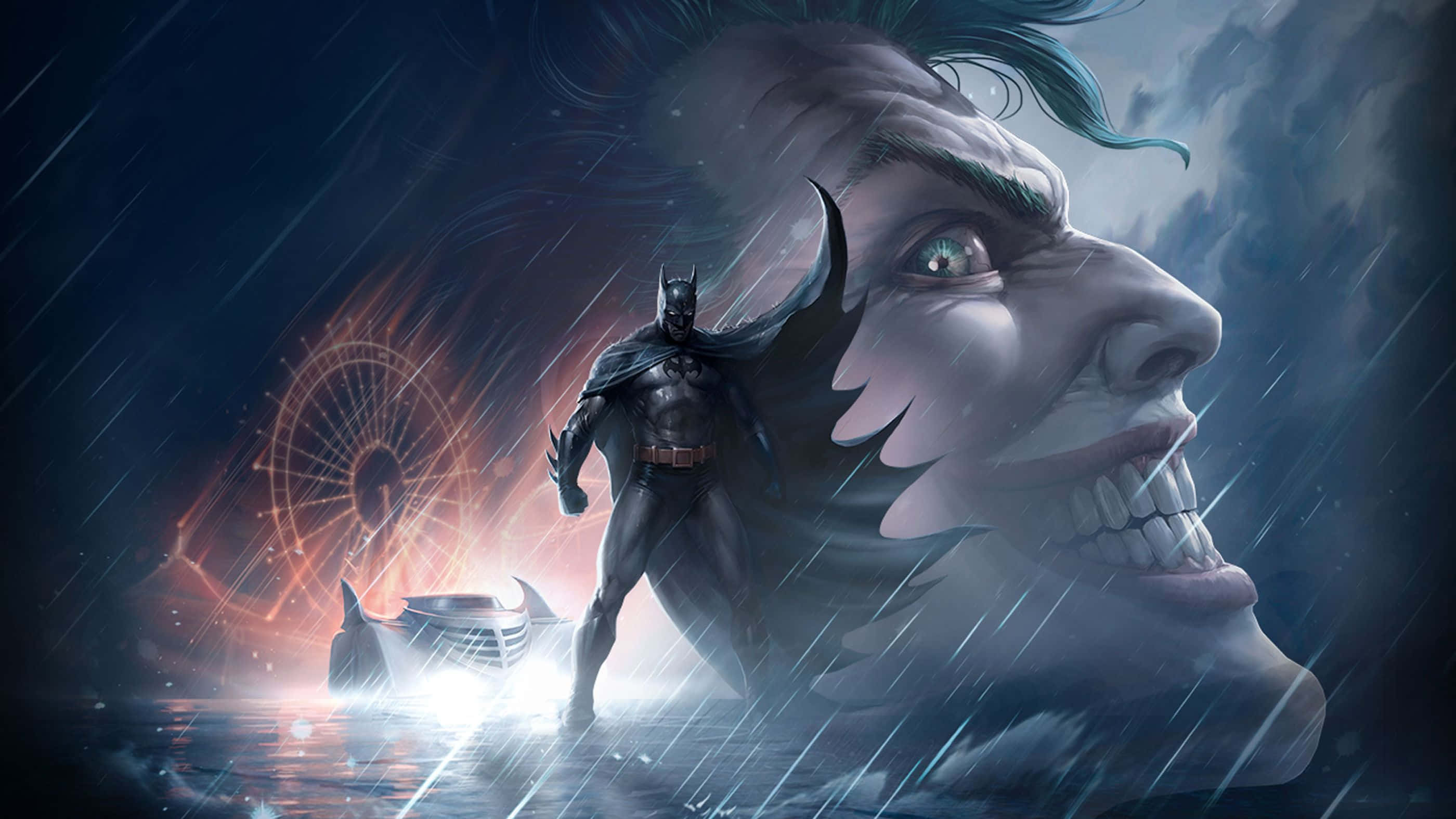 The Killing Joke 桌布 壁紙 — 蝙蝠俠在雨中挑釁地站立，身後一個巨大的笑面小丑臉孔隱現，暴風雨背景中有一輛發光的蝙蝠車。