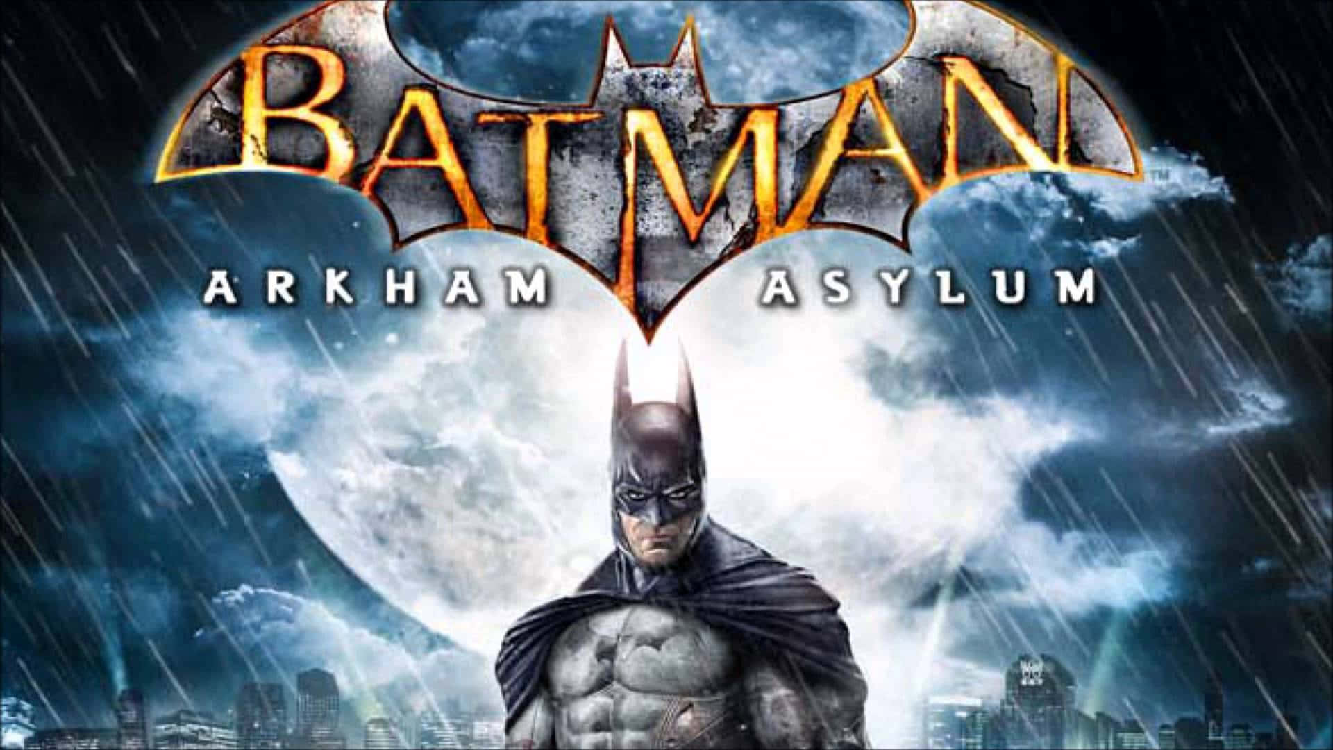 Arkham Asylum 桌布 壁紙 — 蝙蝠俠在風暴中的高譚市天際線下，站在發光的蝙蝠標誌和滿月前，堅定不移。