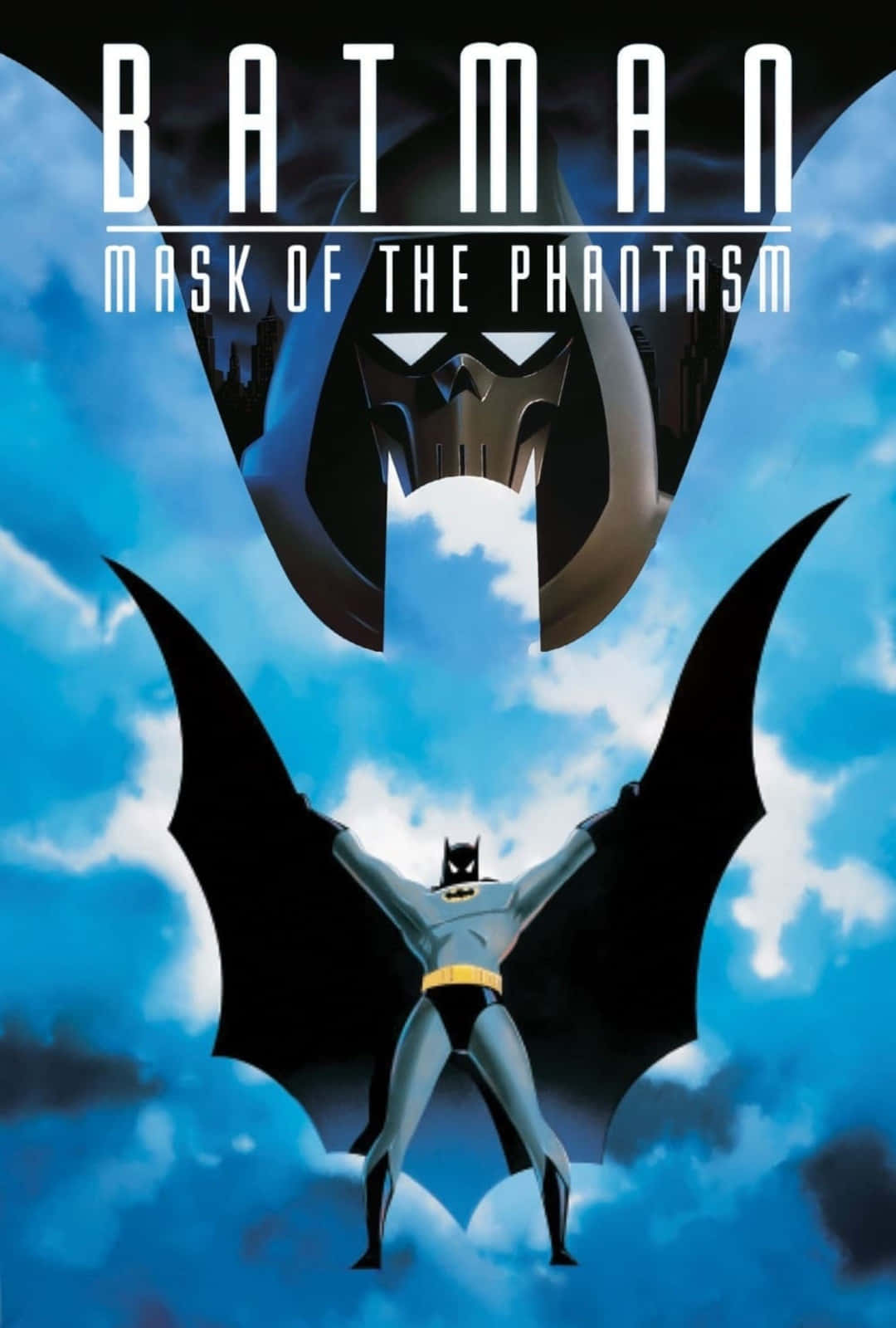 Batman Mask Of The Phantasm 桌布 壁紙 — 蝙蝠俠在風暴藍天下，披風展開，立於一個威脅性的幻影面具之下。