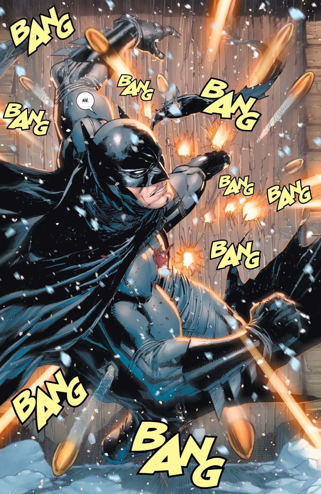 Batman Reborn 桌布 壁紙 — 蝙蝠俠在飄落的雪花中跳躍，子彈在他周圍飛舞，形成一個動態的漫畫動作場景。