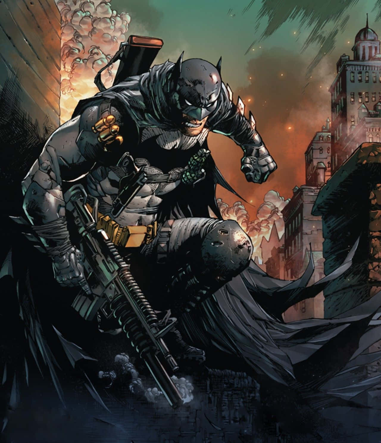 Batman Reborn 桌布 壁紙 — 蝙蝠俠在黃昏時分穿過煙霧瀰漫的高譚市景觀，手持步槍和抓鉤槍。