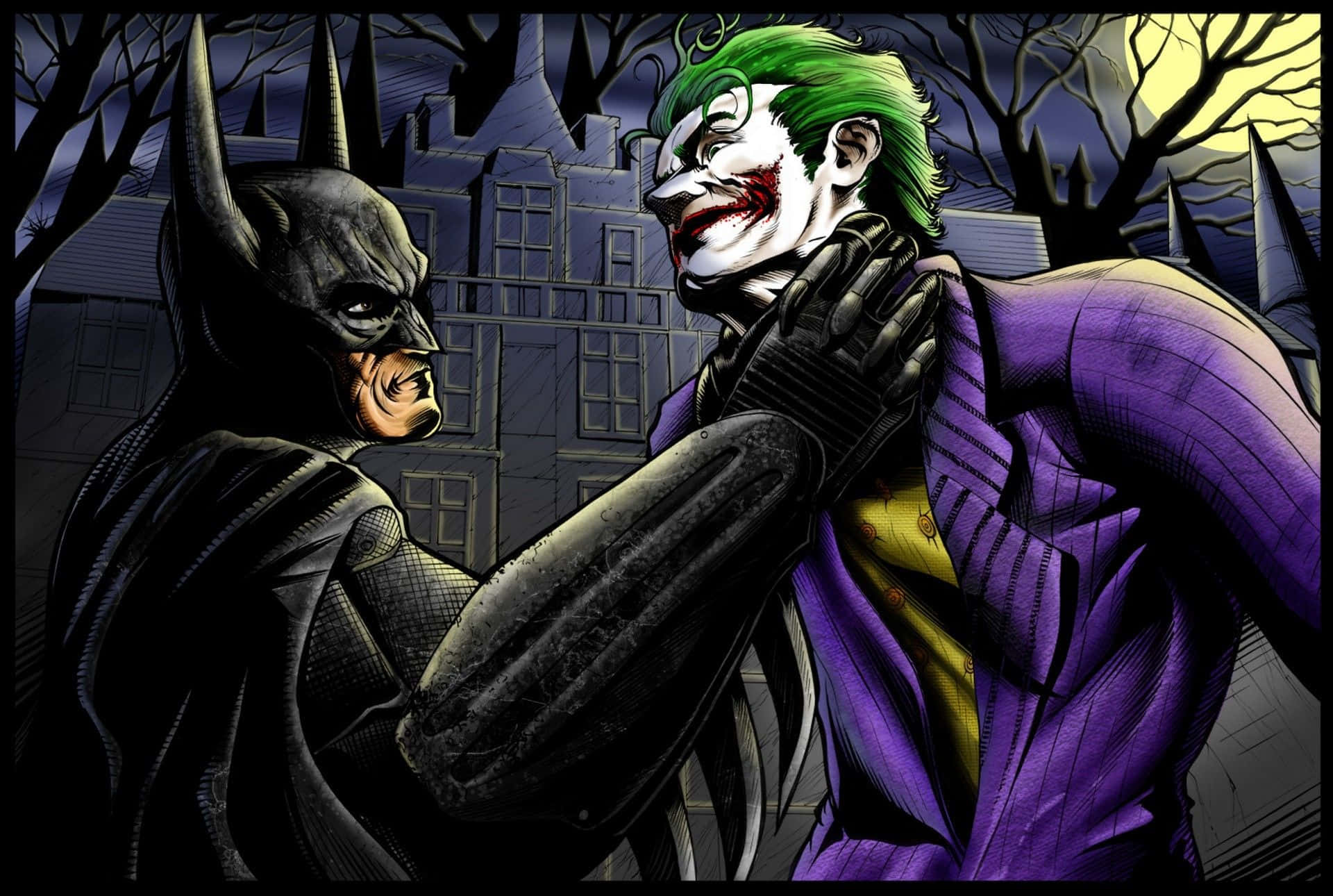 Joker Comic 桌布 壁紙 — 蝙蝠俠在黃色月亮下的黑暗哥德式小巷中掐住小丑的喉嚨。