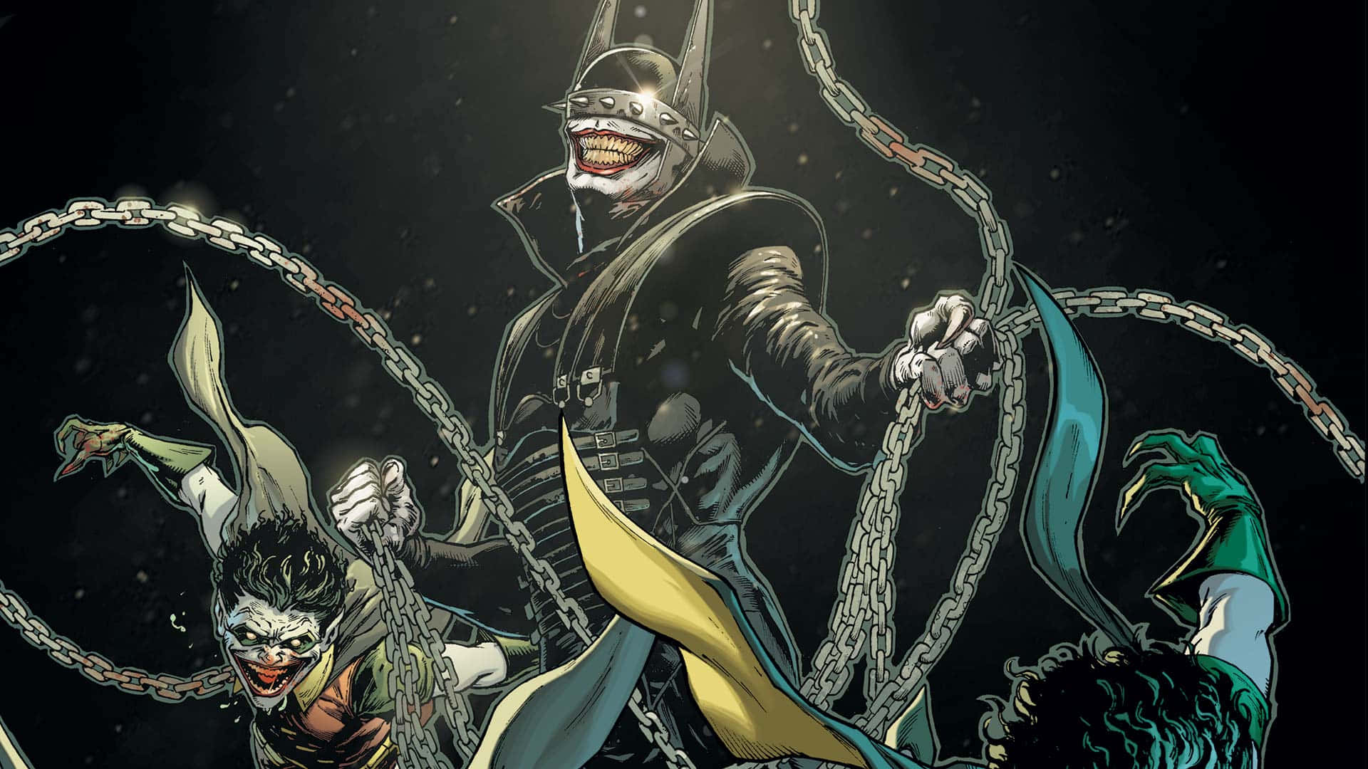 The Batman Who Laughs 桌布 壁紙 — 蝙蝠俠在黑暗雪景背景下，用鎖鏈纏繞著大笑的惡棍，威嚇地站立。