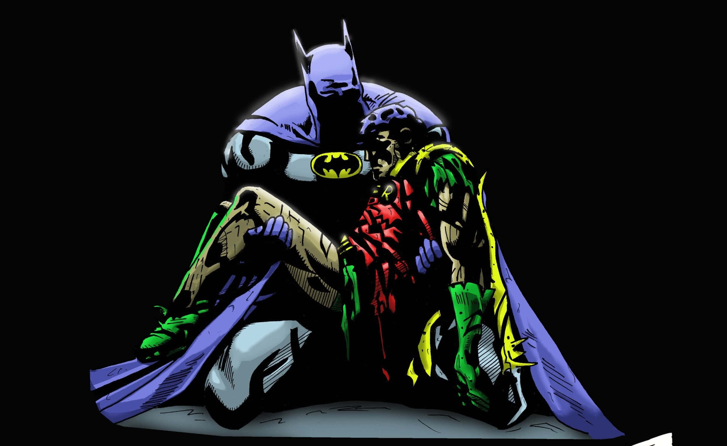 Batman Death In The Family 桌布 壁紙 — 蝙蝠俠在黑色背景上抱著血跡斑斑的羅賓，呈現出戲劇性的漫畫插圖。